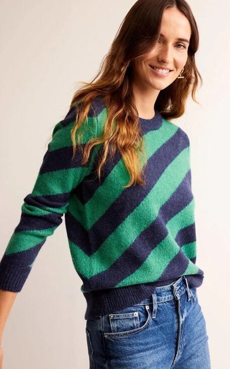 Boden Sweaters - Boden Fluffy Diagonal Stripe Jumper Navy Green Knit Crewneck Sweater Size Large